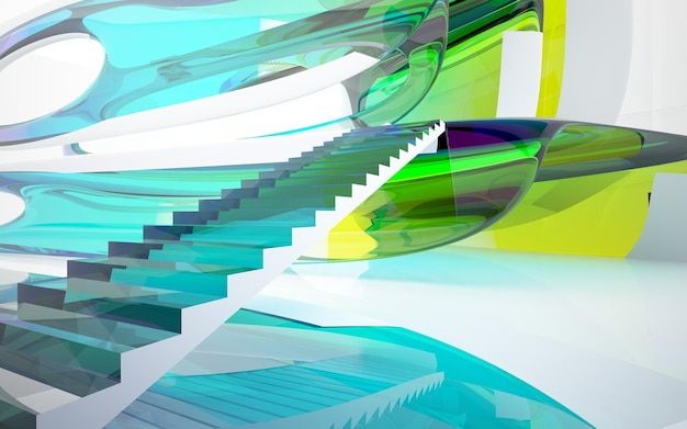 Abstract white and colored gradient glasses parametric interior with window 3D illustration