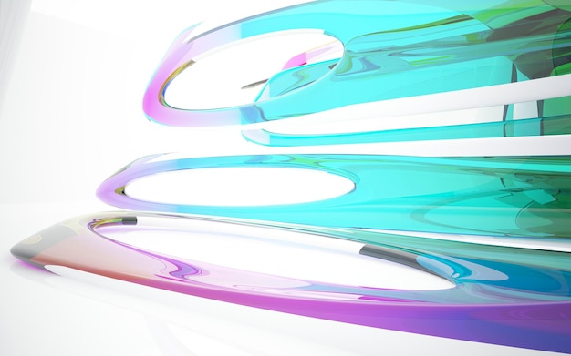 Abstract white and colored gradient glasses parametric interior with window 3D illustration