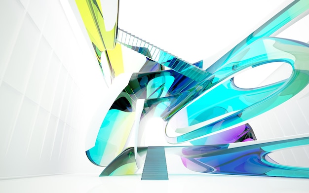 Abstract white and colored gradient glasses parametric interior with window 3D illustration