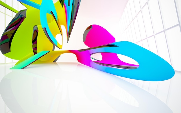 Abstract white and colored gradient glasses parametric interior with window 3D illustration