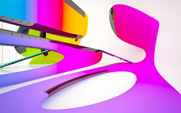 Abstract white and colored gradient glasses parametric interior with window 3D illustration