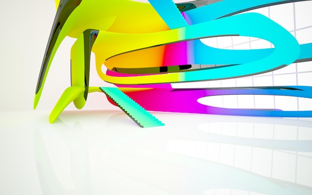 Abstract white and colored gradient glasses parametric interior with window 3D illustration