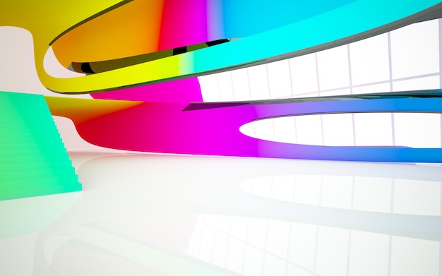 Abstract white and colored gradient glasses parametric interior with window 3D illustration