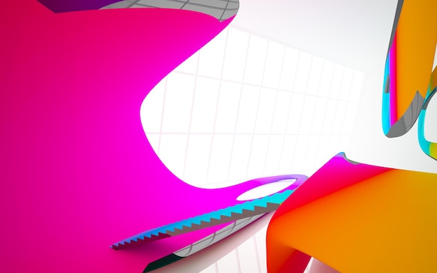 Abstract white and colored gradient glasses parametric interior with window 3D illustration