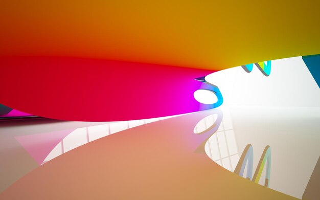 Abstract white and colored gradient glasses parametric interior with window 3D illustration