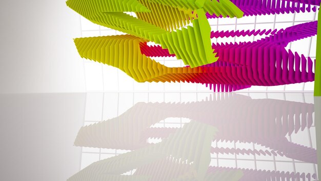 Abstract white and colored gradient glasses parametric interior with window 3D illustration