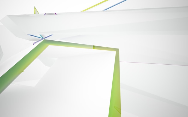 Abstract white and colored gradient glasses parametric interior with window. 3D