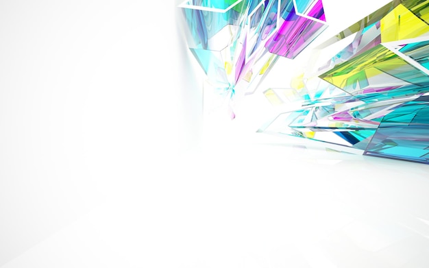 Abstract white and colored gradient glasses parametric interior with window. 3D