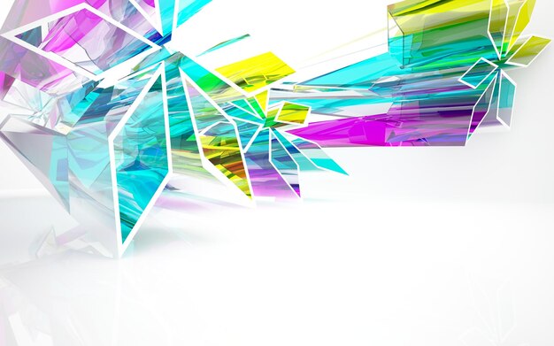 Abstract white and colored gradient glasses parametric interior with window. 3D