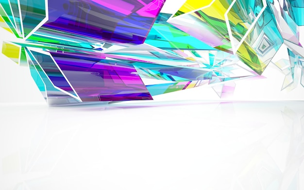 Abstract white and colored gradient glasses parametric interior with window. 3D