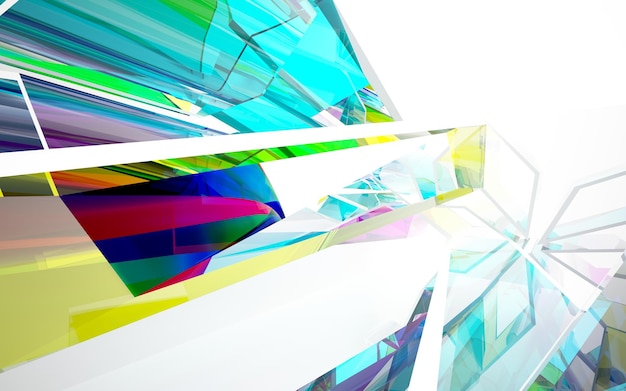 Abstract white and colored gradient glasses parametric interior with window. 3D