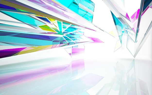 Abstract white and colored gradient glasses parametric interior with window. 3D