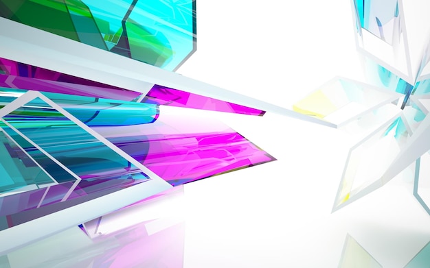 Abstract white and colored gradient glasses parametric interior with window. 3D