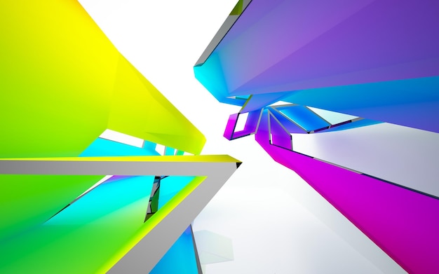 Abstract white and colored gradient glasses parametric interior with window. 3D