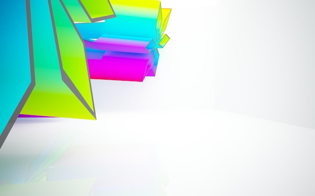 Abstract white and colored gradient glasses parametric interior with window. 3D