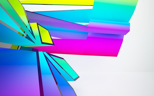 Abstract white and colored gradient glasses parametric interior with window. 3D