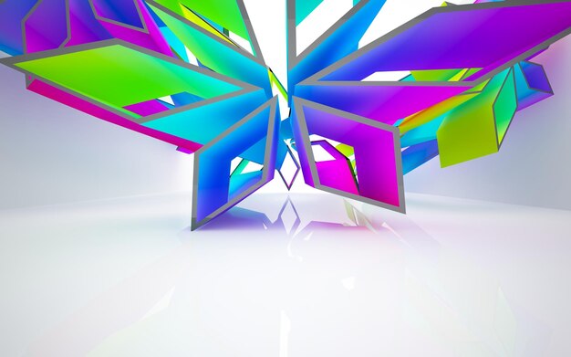 Abstract white and colored gradient glasses parametric interior with window. 3D