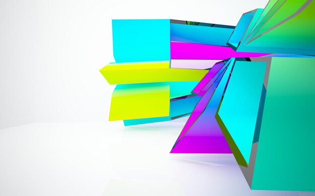 Abstract white and colored gradient glasses parametric interior with window. 3D