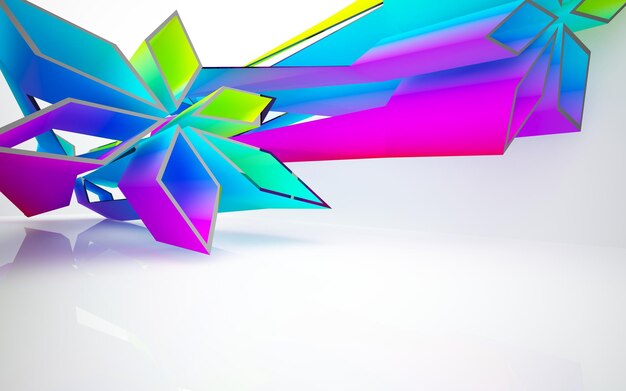 Abstract white and colored gradient glasses parametric interior with window. 3D