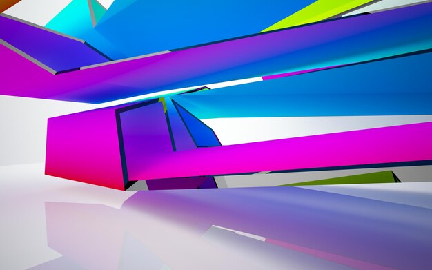 Abstract white and colored gradient glasses parametric interior with window. 3D