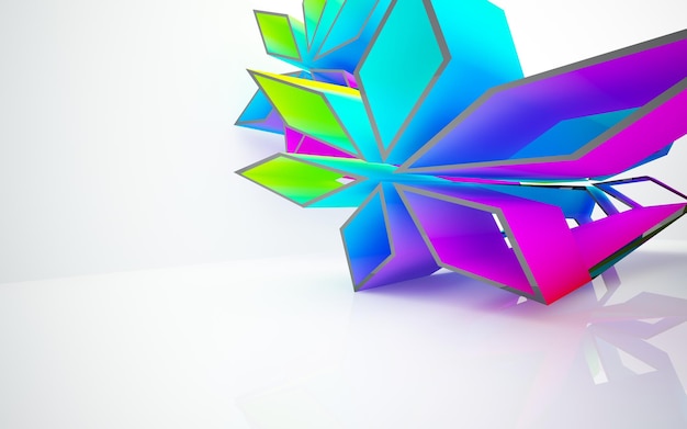 Abstract white and colored gradient glasses parametric interior with window. 3D