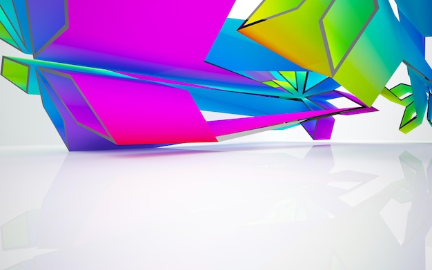 Abstract white and colored gradient glasses parametric interior with window. 3D