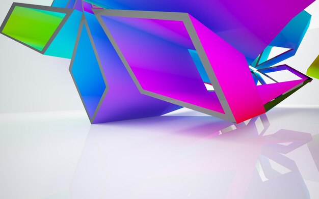 Abstract white and colored gradient glasses parametric interior with window. 3D