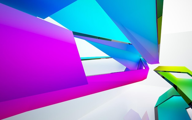 Abstract white and colored gradient glasses parametric interior with window. 3D