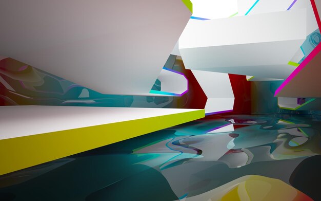 Abstract white and colored gradient  interior from array cubes with large window.