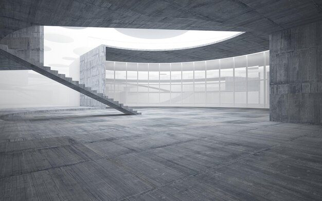 Abstract white and concrete interior multilevel public space with window. 3D illustration