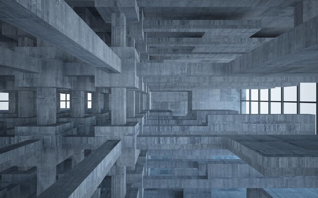 Abstract white and concrete parametric interior with window 3D illustration and rendering