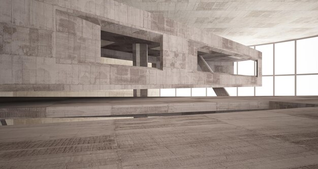 Abstract white and concrete parametric interior with window 3D illustration and rendering