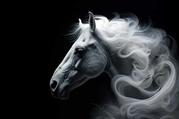 Abstract of white horse head have smoke and fog on black background Mammals Wildlife Animals Illustration Generative AI