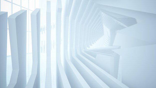 Abstract white interior of the future with neon lighting 3D illustration and rendering