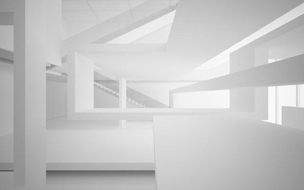 Abstract white interior multilevel public space with neon lighting. 3D illustration and rendering.