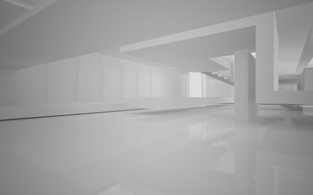 Abstract white interior multilevel public space with neon lighting. 3D illustration and rendering.