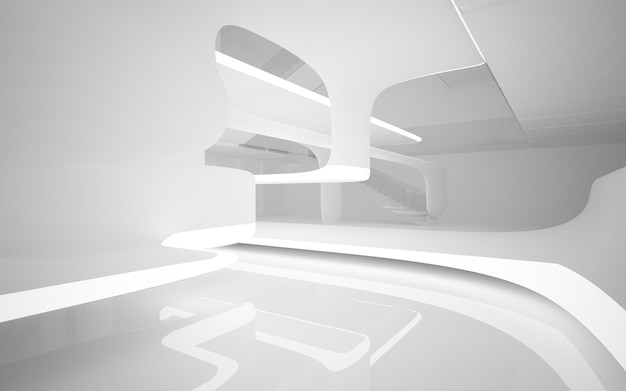 Abstract white interior multilevel public space with window. 3D illustration and rendering.