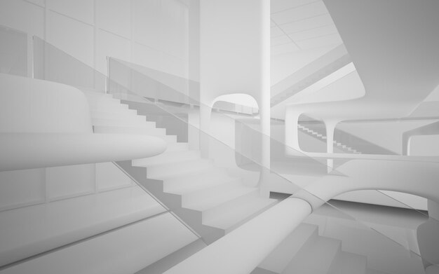 Abstract white interior multilevel public space with window. 3D illustration and rendering.