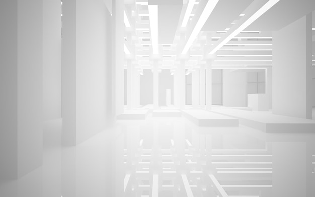 Abstract white interior multilevel public space with window 3D illustration and rendering