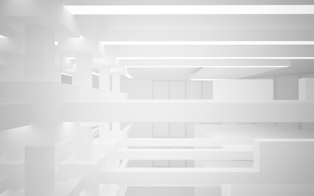 Abstract white interior multilevel public space with window 3D illustration and rendering