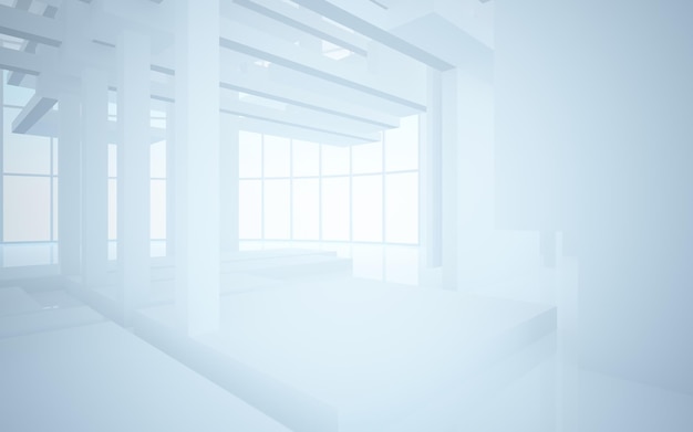 Abstract white interior multilevel public space with window 3D illustration and rendering