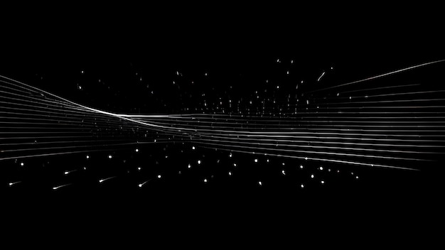 Abstract white line waves with particles shine on black background