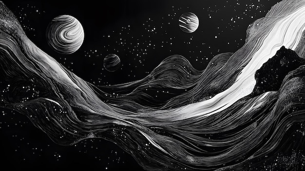 Abstract White Lines and Planets Against a Black Background