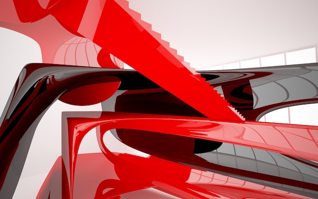 Abstract white and red gloss interior multilevel public space with window 3D illustration