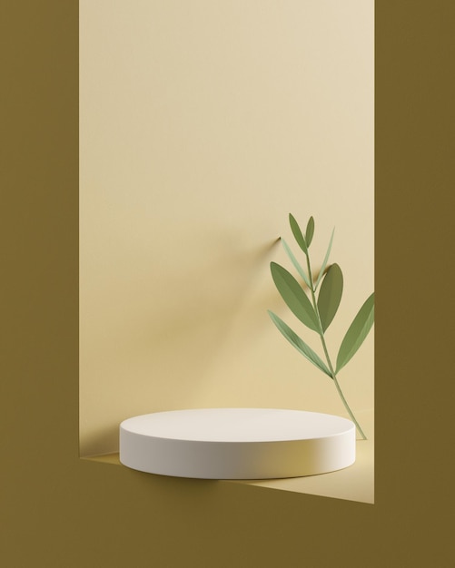 Abstract white round corner pedestal podium with cloud in yellow window Product display podium