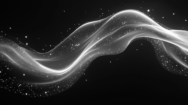 Abstract White Wave With Glowing Particles On Black Background