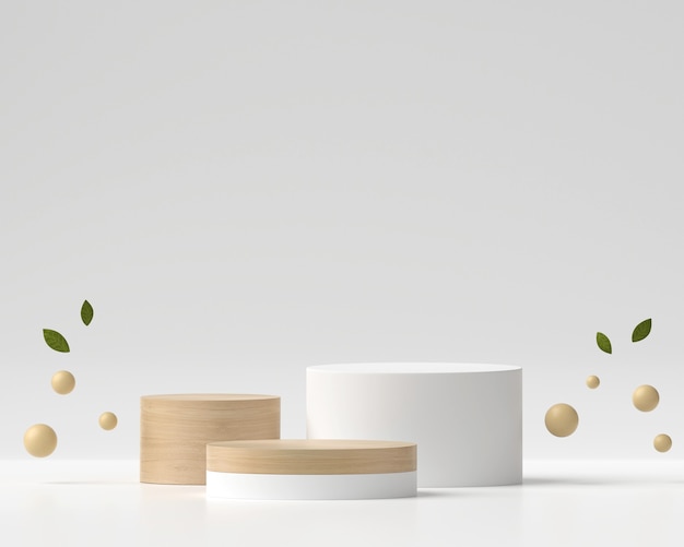 Abstract White and wooden Podium Platform Product Display  3D Rendering