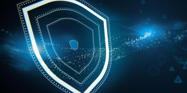 Photo abstract wide perspective glowing shield hologram on blue background with various blurry icons cyber security data protection concept modern wireframe design 3d rendering