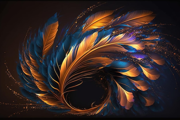 Abstract wind swirls from colored feathers Abstract dark background AI