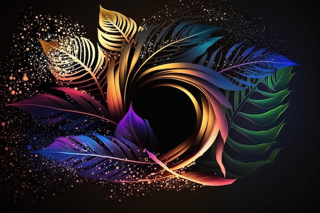 Abstract wind swirls with tropical leaves Abstract dark background